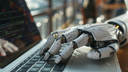 a robotic hand typing on a laptop keyboard, symbolizing the integration of advanced technology in pr