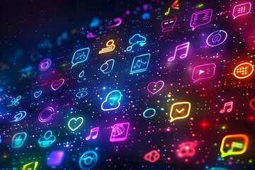 Wall Mural - Colorful social media and tech icons glowing on dark background, symbolizing online connectivity