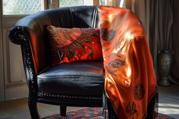 Luxury black leather armchair with a red and yellow silk scarf in the interior