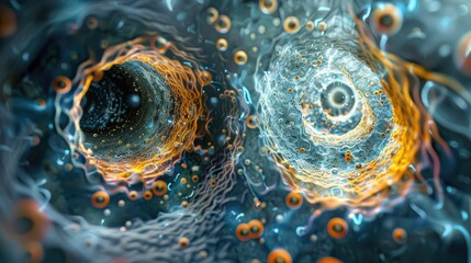 The image is a colorful and abstract representation of two bubbles, one of which is orange and the other is blue. The bubbles are surrounded by a sea of other bubbles, creating a sense of depth