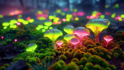 Wall Mural - Glowing Mushrooms in a Mystical Forest