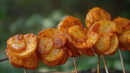 Sticker - A bunch of potato sticks are being cooked on a grill. The sticks are covered in a brown sauce and are arranged in a line