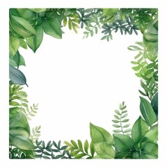 Wall Mural - Watercolor foliage frame with green leaves and yellow buds on white background. Golden square picture frame decorated with green leaves. Natural botany concept for greeting card design. AIG35.