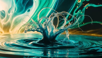 Poster - A single blue water drop splashing into a pool of teal liquid, creating intricate abstract patterns