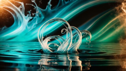 Poster - White droplet swirls in teal liquid, creating a pattern against teal background