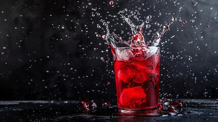 Product shot of a splashing hibiscus tea, isolated black background