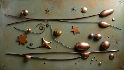 Wall Mural - Sculptural art featuring copper and green shapes