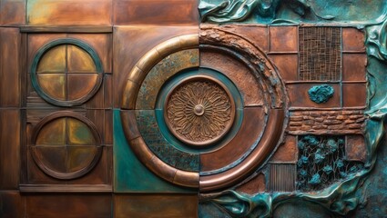 Canvas Print - Abstract wall sculpture with copper and teal metal panels