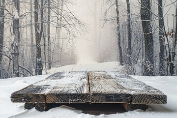 Wall Mural - A wooden table is covered in snow. The table is empty and the snow is piled up around it. The scene is peaceful and serene, with the snow-covered trees in the background