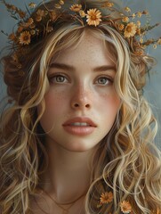 Wall Mural - Woman With Blonde Wavy Hair Wearing a Flower Crown