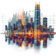 Wall Mural - a modern city with abstract forex charts isolated on a transparent background