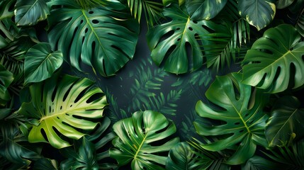 Lush green tropical leaves create a vibrant background with a dark center. Perfect for nature, summer, or jungle themes.