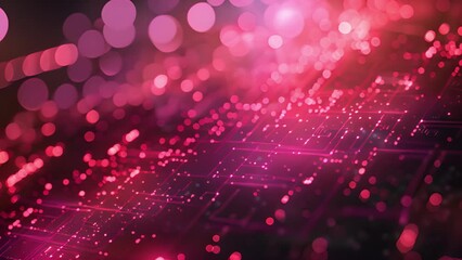 Fototapete - A close-up image of a stylized circuit board with glowing red lines and dots. The background is blurred and has a soft red glow.