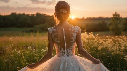 Beautiful bride and groom at sunset in green nature and twilight sky. Wearing a modern white dress, seen from behind