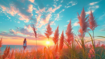 Wall Mural - Pastel-colored sky with soft, fluffy clouds at sunrise, offering a calming and picturesque background texture for tranquil and peaceful designs. , Minimalism,