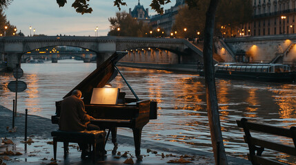 A man seated at a grand piano along the riverbank winding through a city at dusk, offering an impromptu music performance