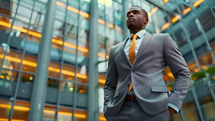 Poster - A businessman in a gray suit stands in a modern office building, looking confidently towards the future.