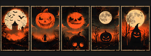 Wall Mural - A series of Halloween themed posters featuring pumpkins, skulls, and bats