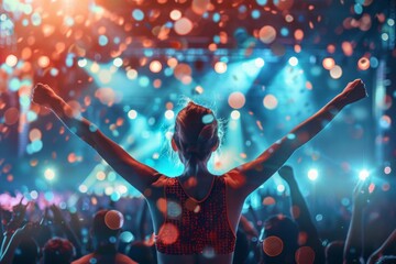 Woman Celebrating Victory with Arms Raised - Joyful Accomplishment, Festive Atmosphere, Achievement