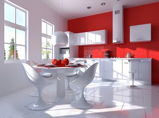 modern kitchen with red walls and white floor.