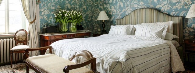 Wall Mural - A blue and green floral patterned wallpaper in the background of an elegant bedroom with white striped bed sheets, a wooden bench at the foot of the bed, a white desk chair, a white table lamp on a si