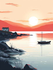 Wall Mural - A flat vector illustration of the sunrise over an Irish fjord with rocks and pebbles on its shore