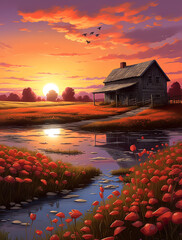 Wall Mural - A beautiful sunrise over the farm, with poppies blooming in front of an old wooden house by the river