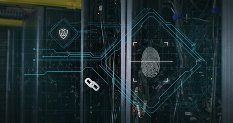 Poster - Animaton of interface with biometric fingerprint scanner against computer server room