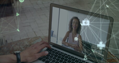 Sticker - Image of networks of digital internet icons over woman on laptop screen during image call in the off