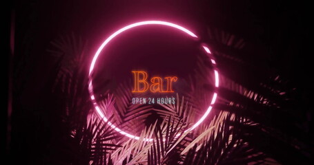 Poster - Image of bar open 24 hours text over neon frame and tropical leaves on black background