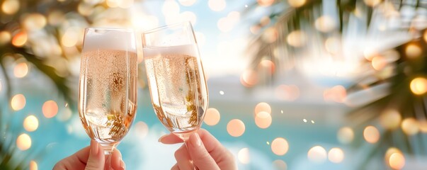 two champagne glasses clinking together with a bokeh background, representing celebration and festiv