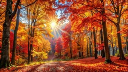 Poster - Sunlit autumn forest with vibrant red and yellow foliage , nature, trees, leaves, fall, beautiful, outdoors, seasonal