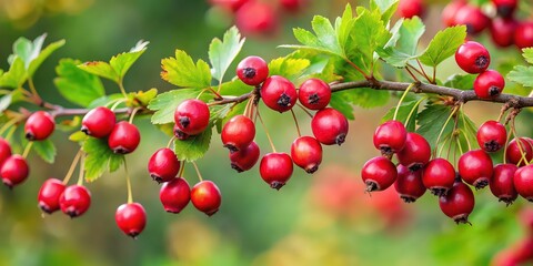 Poster - Ripe hawthorn berries on a branch , red, fruits, autumn, seasonal, healthy, ripe, natural, organic, close-up, foliage, cluster