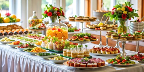 Wall Mural - Beautifully decorated catering food table with a variety of dishes for party event or celebration , catering, food, table