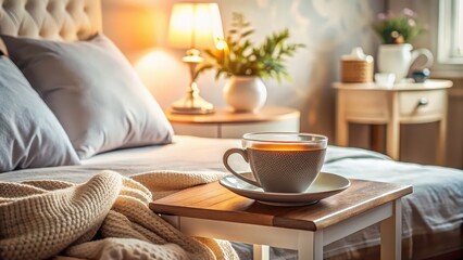 Canvas Print - Soothing cup of tea on nightstand in cozy bedroom setting, relaxation, comfort, bedtime, beverage, relaxation, warmth