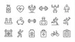 © Alon - Gym, Fitness, healthy lifestyle, training, workout, biceps, running, diet, body building, yoga and equipment and health care stroke line icon set. Editable vector stroke icon collection