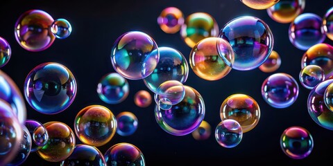 Poster - Soap bubbles floating on a dark background, bubbles, soap, background, black, shiny, reflection, colorful, rainbow, sphere