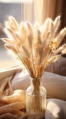 Poster - a glass vase with flowers in it and a bottle of wheat.