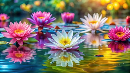 Poster - Water lily and pink daisy flowers floating in colorful water , Water lily, pink, daisy, rose, wallpaper, template, theme, colorful