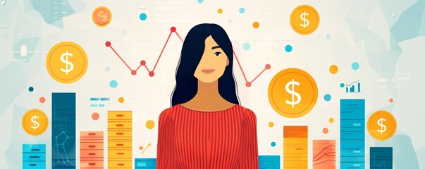 Poster - Businesswoman with Financial Chart and Dollar Coins.