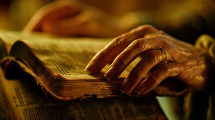 Sacred Scriptures Hands of Faith on Open Bible Peaceful and Contemplative Moment of Guidance and Reflection