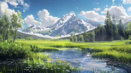 Majestic mountain peak tranquil meadow flowing water generated. 