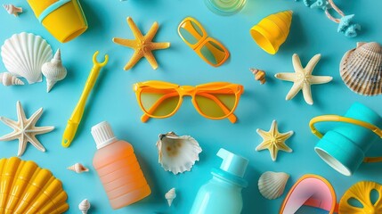 Wall Mural - vibrant beach essentials arranged on azure backdrop sunscreen neon sea creature toys chic sunglasses seashells yellow sand tools playful summer vacation vibes pastel hues