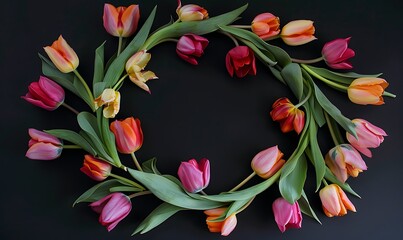 Wall Mural - Circular Tulip Wreath A circle of vibrant tulips creating a wreath-like frame on a black background