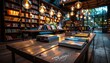 © Nawarit - Cozy indie bookstore interior with wooden shelves, warm lighting, eclectic book displays, vintage decor, high detail, inviting atmosphere, colorful book covers, high resolution