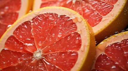 close-up of fresh, juicy grapefruit slices with water droplets on the surface, highlighting the vibr