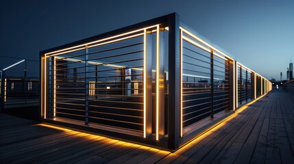 sleek metal fence with integrated lighting within each panel, outlining the structure and enhancing visibility at night