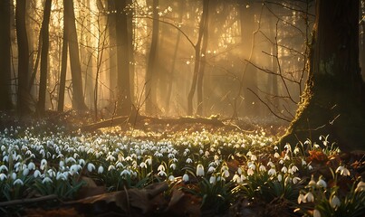 Sticker - Forest Awakening Snowdrops blooming at the edge of a forest, bathed in early morning light