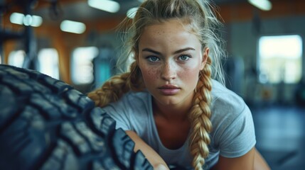 Strong blonde woman flipping tire during workout at gym