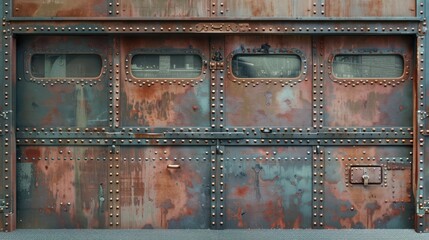 Wall Mural - garage door designed to resemble a vintage train car, complete with riveted metal panels and window 